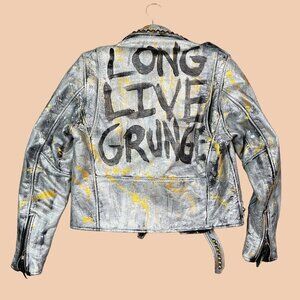 Long Live Grunge Hand Painted Silver & Gold Studded 100% Leather Jacket Medium